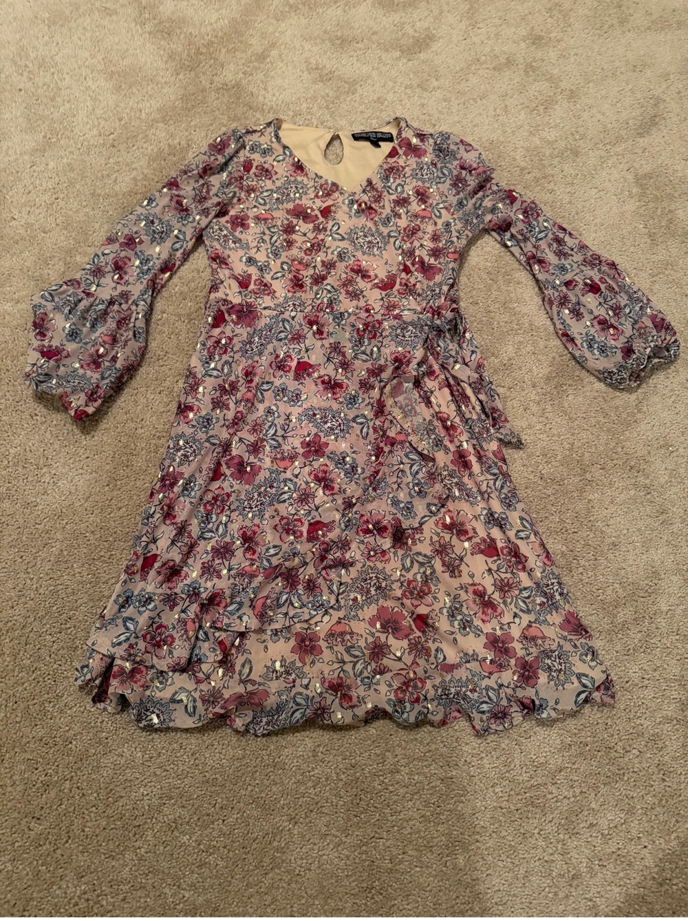 Three Pink Hearts long-sleeve, faux-wrap chiffon dress featuring pink blue gold
